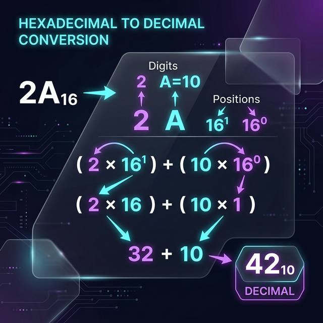 Hex to decimal formula with place values and multiplication steps