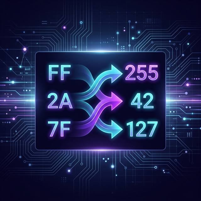 Hexadecimal numbers transforming into decimal values with glowing arrows on a dark tech background