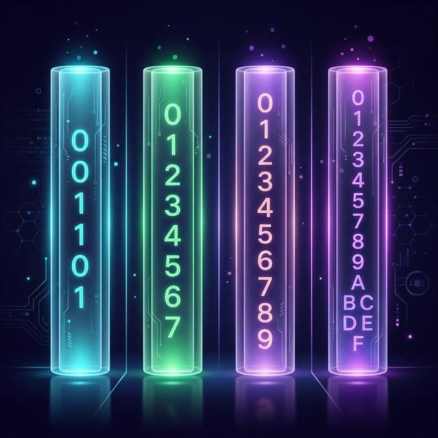 Visual comparison of Binary, Octal, Decimal, and Hexadecimal number systems